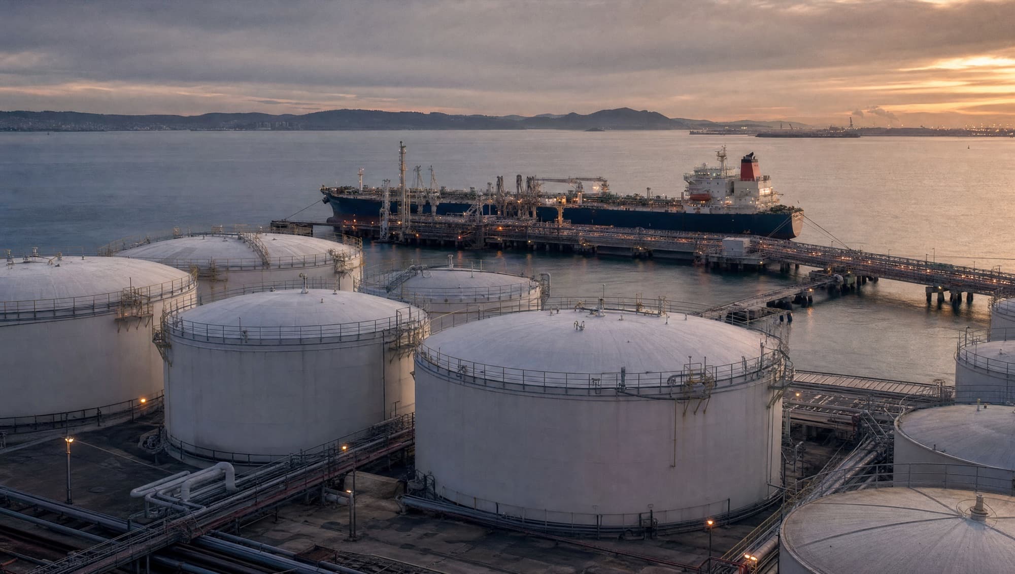 A marine fuel storage terminal at dusk with a tanker berthed at the jetty