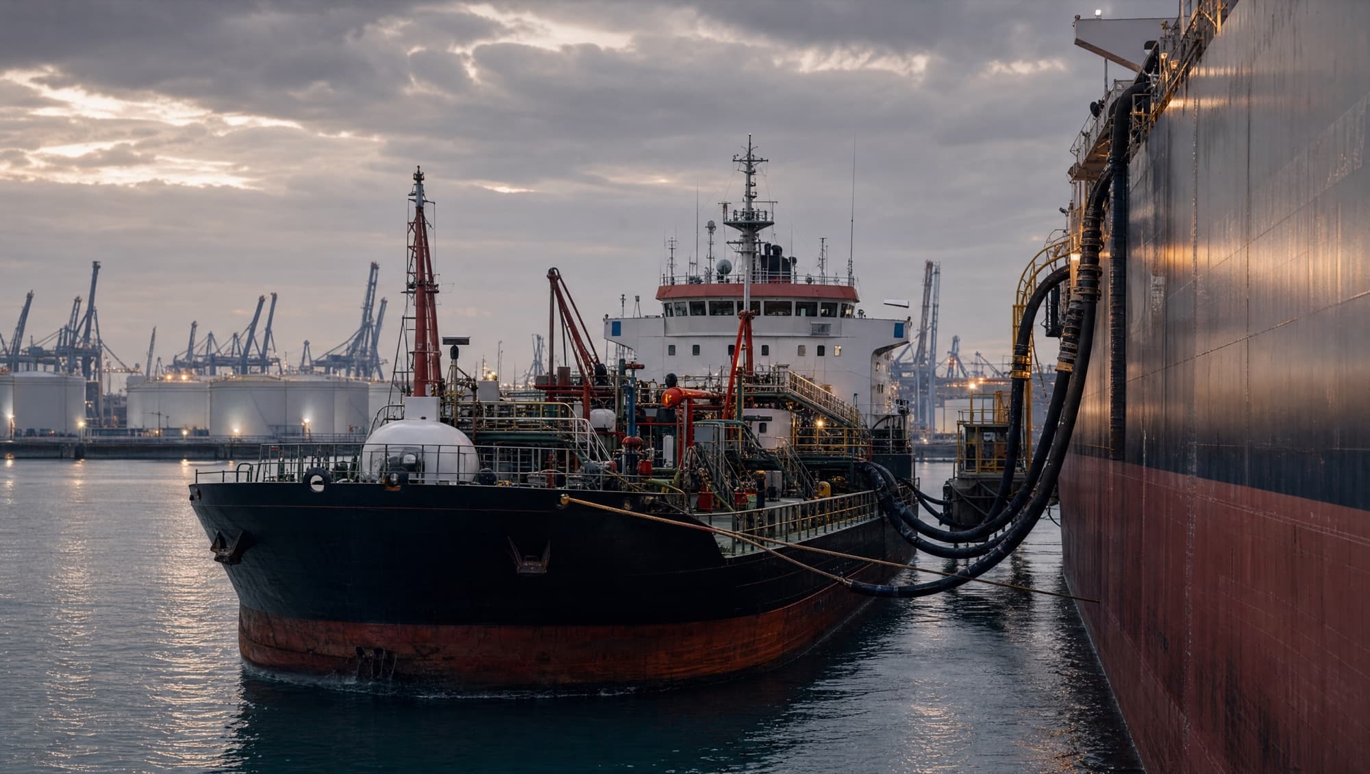 A cargo vessel berthed at a port terminal at dusk