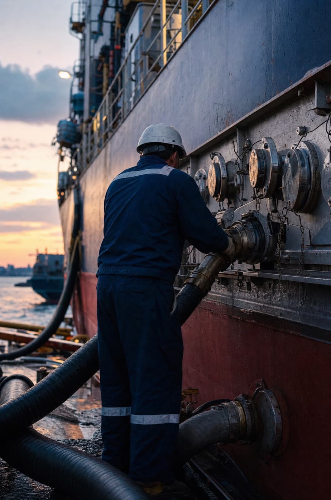 A crew member connecting a bunker hose to a vessel's manifold at dusk
